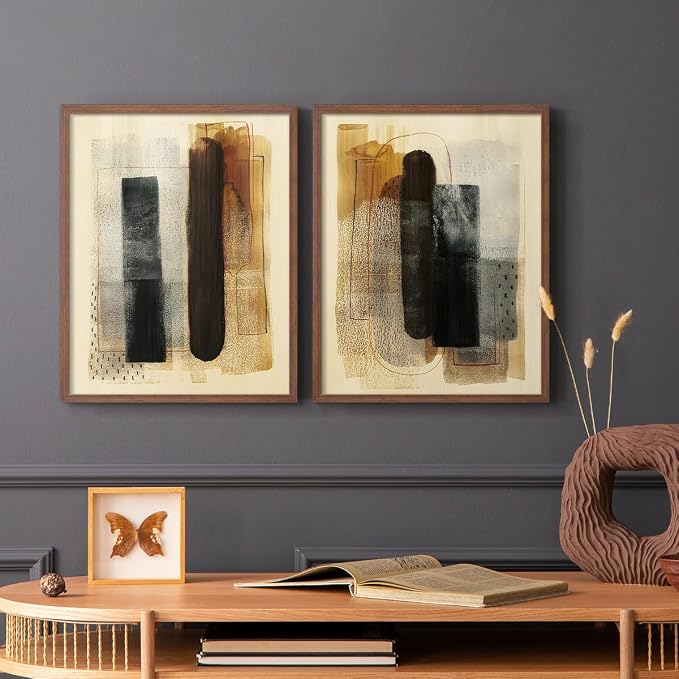 Renditions Gallery Set of 2 Peel & Stick Framed Prints, Pattern Abstract Wall Art, Burnt Toast Pattern Wall Decor, Re-Stickable - Ready to Hang - 8"x10" - Walnut Frame LT588
