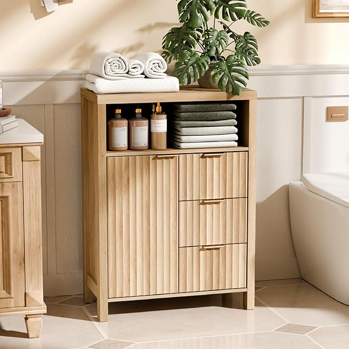 VINGLI Fluted Bathroom Floor Storage Cabinet with Fluted Door 3 Drawers,Modern 12 Inch Deep Short Bathroom Storage Cabinet Organizer Free-Standing for Small Space w/Adjustable Shelf,Natural Oak Color