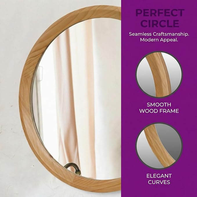 23.62'' Natural Wood Round Wall Mirror with Solid Wood Frame & Pre-Installed Hanging, Decorative Mirror with Large Reflective Surface for Bathroom Bedroom Living Room, Natural