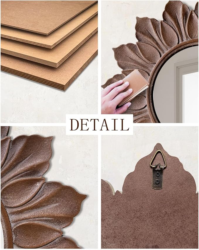 Sunflower Sunburst Wall Mirror, 26" Distressed Brown Wooden Frame, Handcrafted Petal Floral Design, Vintage Farmhouse Style Mirror for Wall Decor for Living Room, Bedroom, Bathroom, Vanity