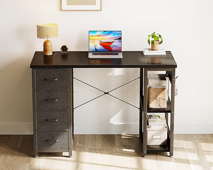 ODK 40 Inch Small Computer Desk with 4 Fabric Drawers, Modern Writing PC Desk for Small Spaces, Study & Home Office Desk with Storage Shelves, Black
