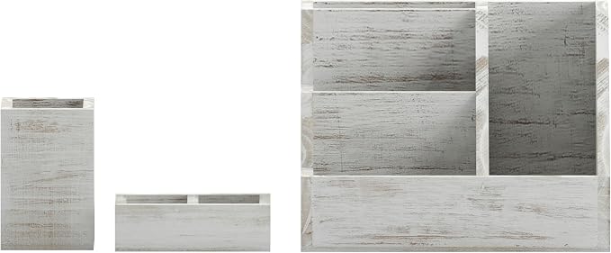 Merrick Lane Ceely 3 Wood Organizer Set - Whitewashed Solid Pine Wood - For Desktop, Table Top, or Vanity