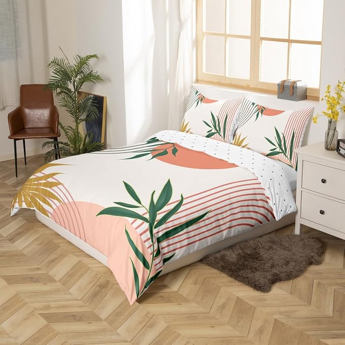 Erosebridal Geometric Leaves Duvet Cover Toddler for Kids Boys Girls,Abstract Modern Art Comforter Cover,Mid Century Pink Green Bedding Set,Minimalist Aesthetic Bed Set 2 Pcs Bedroom Decor