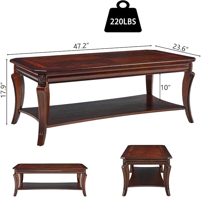 LEEMTORIG Vintage Wood Coffee Table for Living Room, 47 inches Rectangular 2-Tier Coffee Tables with Storage Shelf, Traditional Mid Century Queen Anne Style Cocktail Table, Cherry Walnut KFZ-A1168-WD