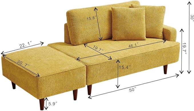 GDFStudio Upholstered Chaise Lounge Chair Indoor with Ottoman, Boucle Fabric Chaise Chair with 2 Throw Pillows and Solid Wood Legs, Recliner Lounge Chair for Office Living Room Bedroom, Yellow