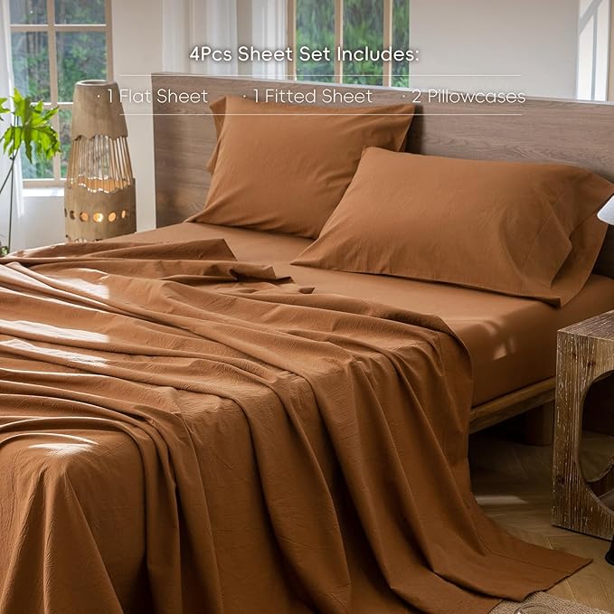 MooMee Bedding Sheet Set 100% Washed Cotton Linen Like Textured Breathable Durable Soft Comfy (Solid Dark Orange, Full)