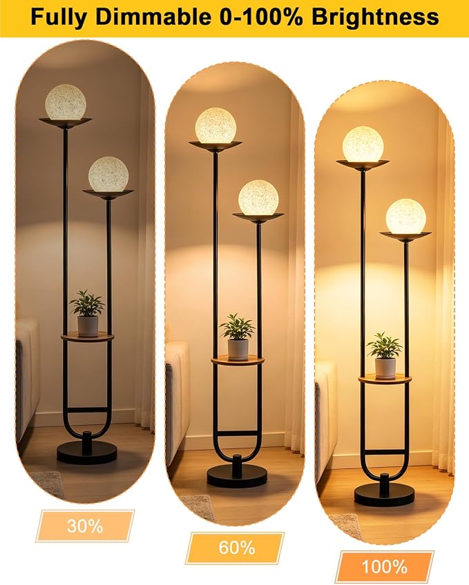 Lightdot 63IN Black Floor Lamp with U Pole, 2 Globe Mid Century Standing Lamps Dimmable with 3000K Warm White LED Bulbs& Grey Shade, Unique Vintage Tall Floor Lamp for Living Room/Wedding/Party