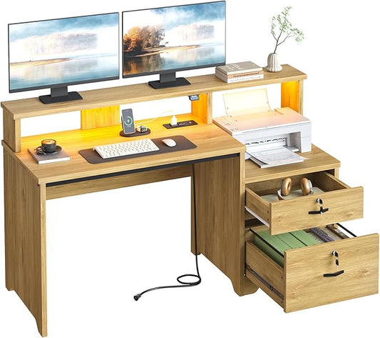 Bestier 55" Computer Desk with Power Outlets & LED Lights, Home Office Desk with Lockable File Drawer & Printer Shelf, Monitor Stand, Modern Workstation for Gaming Study, Natural Oak