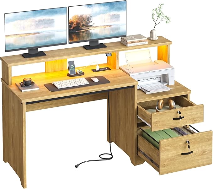 Bestier 55" Computer Desk with Power Outlets & LED Lights, Home Office Desk with Lockable File Drawer & Printer Shelf, Monitor Stand, Modern Gaming Desk & Study Workstation, Natural Oak