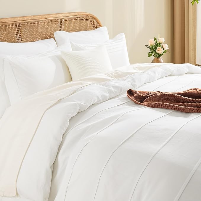 NEXHOME PRO 100% Organic Cotton Duvet Cover Oversized Queen Size, Linen Like Pleated Textured White Duvet Cover Set, 3pc Bedding Set with Zipper Closure, Soft,98"x98", No Comforter