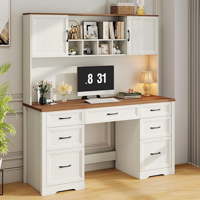 Vabches Farmhouse Executive Desk with 7 Drawers and Storage Cabinet, Rustic Large Home Writing Desk with Hutch, Workstation for Bedroom, White