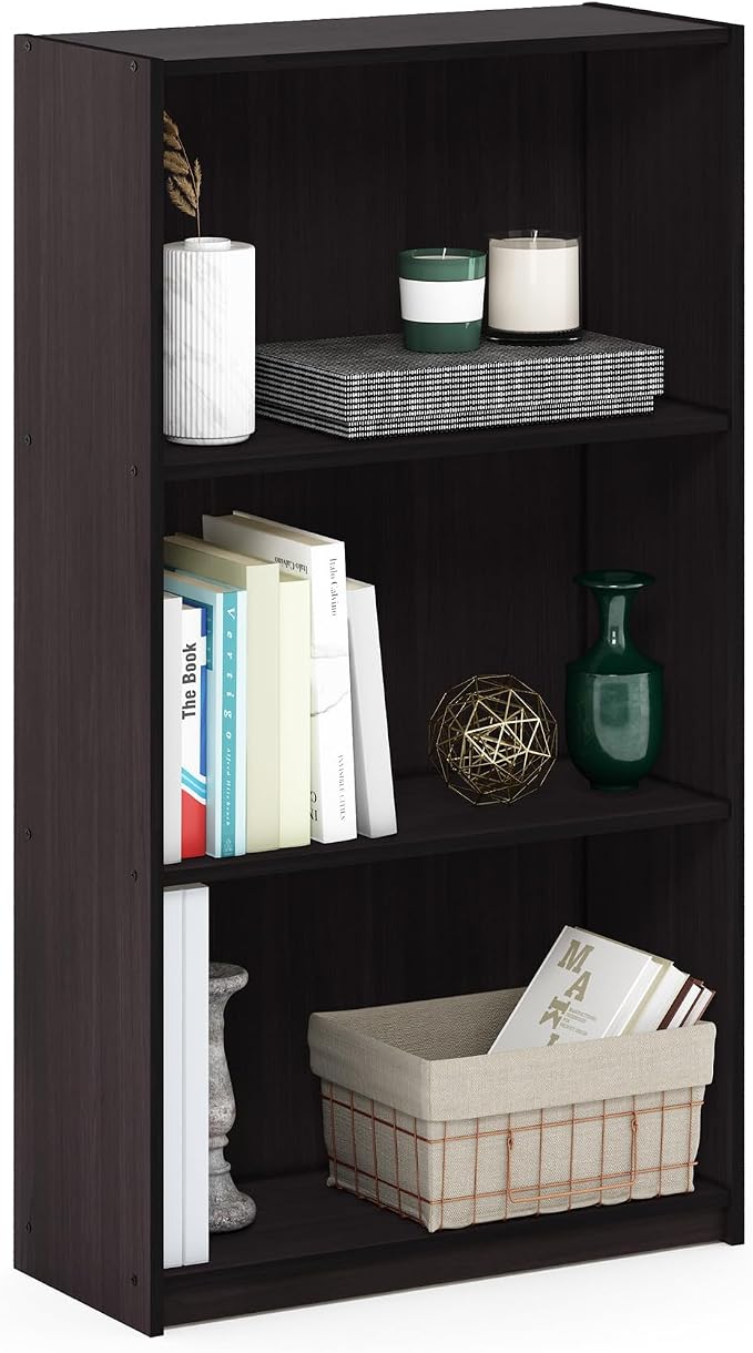 Furinno BASIC Book Shelf, 3-Tier Modern Bookshelf, Bookcase with Open Shelves, 9.3" x 21.8" x 39.5", for Living Room, Bedroom, Home Office, Dark Walnut