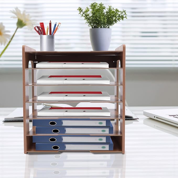 7Tier Widen Wood Office Paper Organizer, File Organizer Desktop,Document Letter Mail Tray Sorter,File Holder Desk Letter Tray, Sorter Document Book Magazine Storage Shelf Rack 14.17 * 9.84 * 15.16in
