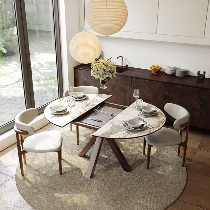 POVISON Modern Extendable Dining Table, 47" to 63" Round to Oval Sintered Stone Kitchen Table with Carbon Steel Pedestal Base for 4-6, Pandora with Bronze(Table Only