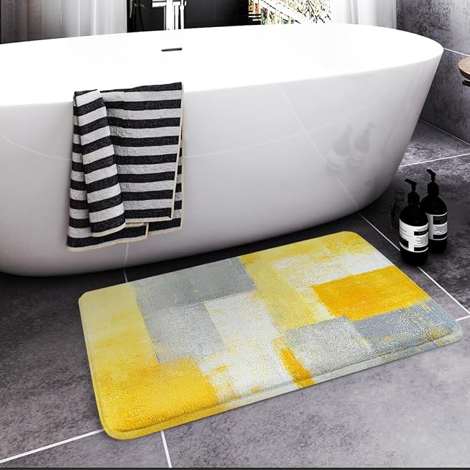 Britimes Bath Mat for Bathroom No Slip Yellow Gray Abstract Graffiti Geometric Floor Rug Carpets Floor Mat Decorations 18x30 inches for Kitchen Bathroom