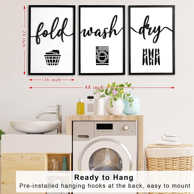 3D Wood Laundry Room Wall Decor, 48" x 24" Framed Laundry Room Wall Art, 3D Signs for Room Decor (Ready to Hang, Set of 3, Framed)