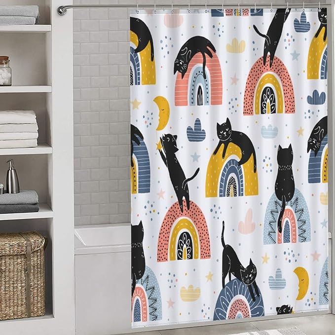 Boho Cats Shower Curtain Colorful Rainbow Black Cats Fantasy Pattern Duty Fabric Shower Curtains Set Bathroom Polyester Waterproof with 12 Hooks, 55x72Inch（140x183cm）