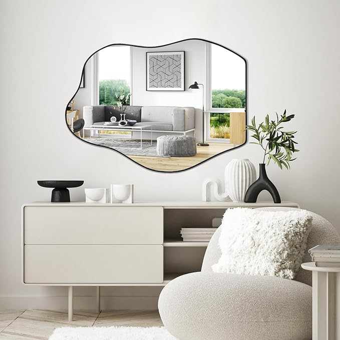 POZINO Irregular Mirror, Asymmetrical Mirror, Black Squiggly Mirrors, Morden Unique Shape Mirrors for Bathroom Living Room Bedroom Entryway Home Decor, 32"x24"