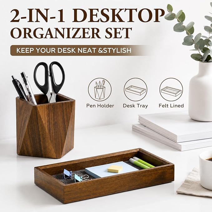 Marspark Walnut Desk Tray with Pen Holder Set, Non-Slip Desk Tray and Pencil Holder Set with Felt Lined, Natural Wooden Desktop Drawer Organizer Office, Organizer Trays for Keys, Pen, Watch