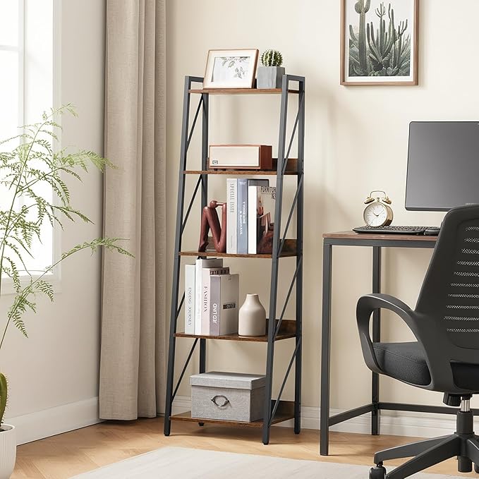 HOOBRO Ladder Shelf, 5-Tier Bookshelf, Corner Bookcase, Freestanding Storage Shelf Display Organizer, for Living Room, Bedroom, Home Office, Kitchen, Rustic Brown and Black BF305CJ01