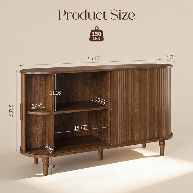 Sideboard Buffet Cabinet with Storage - Accent Kitchen Credenza Console Table with Sliding Door & Adjustable Shelf, Fluted Coffee Bar Sideboards for Living Room, Dining Room, Entryway, Walnut