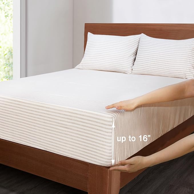 Mejoroom Striped Full Size Sheets - 1800TC Luxury Full Sheets with 16 Inch Deep Pocket - Premium Bedding Collection - Extra Soft, Breathable, Wrinkle, Fade & Stain Resistant - 4 Piece (Beige Stripe)