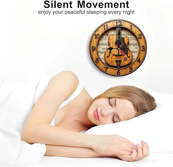 Tan Black Acoustic Guitar Round Wall Clock - 10 Inch Non-Ticking Timepiece for Study Play Room Kitchen Decor