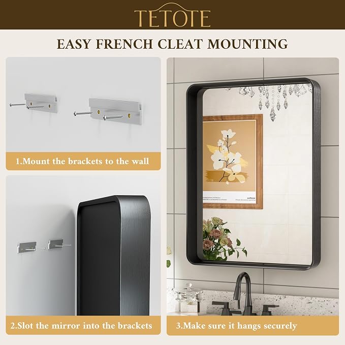 TETOTE Black Framed Mirrors for Bathroom, 2 Inch Thick Frame 22 x 30 Inch Brushed Metal Frame Wall Mounted Rectangle Mirror for Vanity(Horizontal/Vertical)