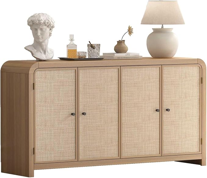 Oak&Sparrow Oak Sideboard Buffet Cabinet with Storage, 60'' Boho Buffets & Sideboards with Adjustable Shelves, Rattan Sideboard Cabinet with 4 Doors for Living Room, Hallway & Kitchen