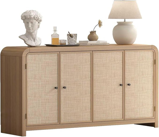 Oak&Sparrow Oak Sideboard Buffet Cabinet with Storage, 60'' Boho Buffets & Sideboards with Adjustable Shelves, Rattan Sideboard Cabinet with 4 Doors for Living Room, Hallway & Kitchen