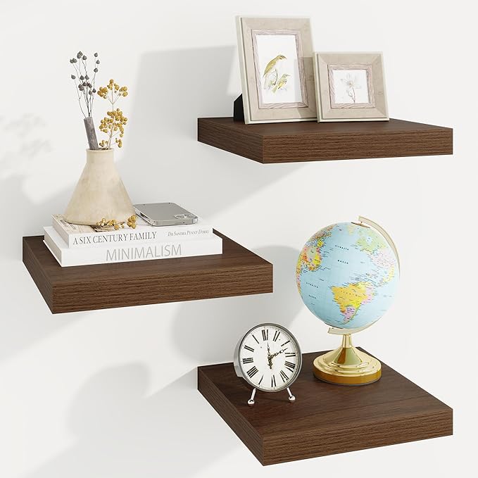 Square Floating Shelves for Wall, 11.5"W x 11.5"D x 1.25"H, 3 Pack Small Wall Mounted Engineered Wood Shelves with Invisible Brackets for Living Room, Bedroom, Bathroom, Kitchen Decor, Walnut