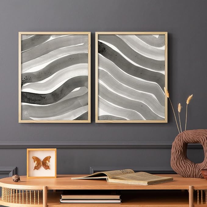 Renditions Gallery Set of 2 Peel & Stick Framed Prints, Watercolor Abstract Wall Art, Black and White Bold Brushstrokes Wall Decor, Re-Stickable - Ready to Hang - 8"x10" - NATURAL WOOD Frame LT588