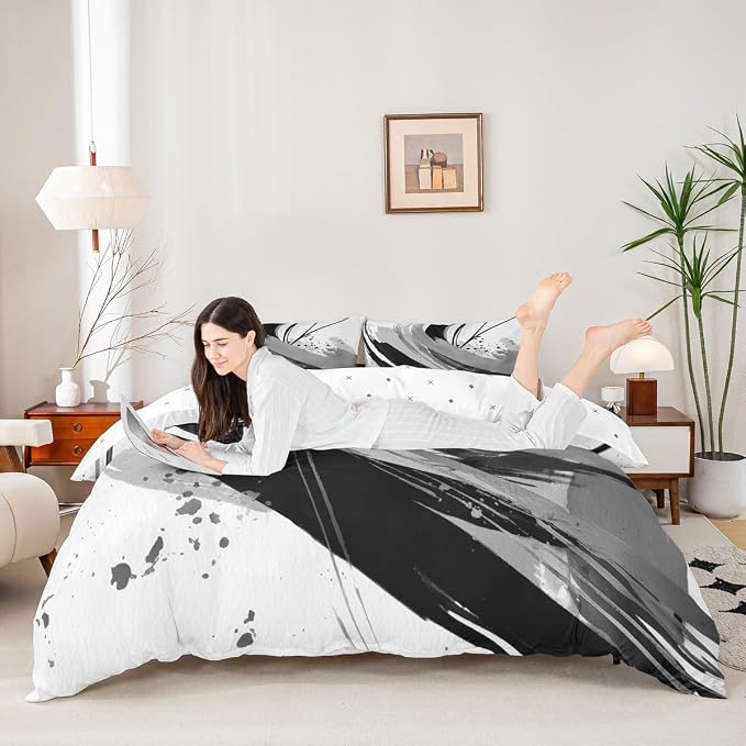 Erosebridal Black and Grey Duvet Cover Queen - Geometric Decorative Abstract Bedding Modern Striped Bed Set for Boys Adults Girls Minimalists Graffiti Aesthetic Lines Bed Cover 3 Pieces