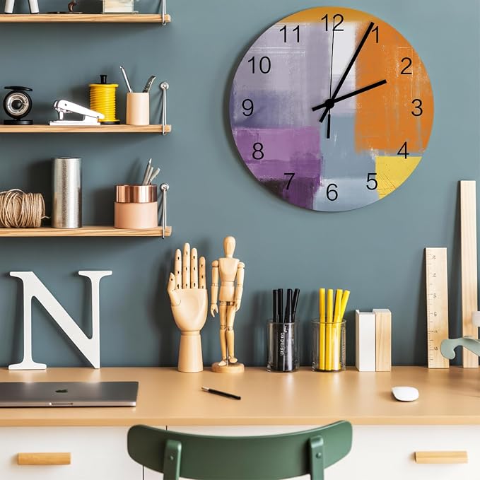 Abstract Painting Art Style Purple Orange Grey Yellow Wall Clock Battery Operated Non-Ticking 12" Round Wood Clocks, Kitchen Wall Clock for School Bathroom Living Room Home Office Wall Decor