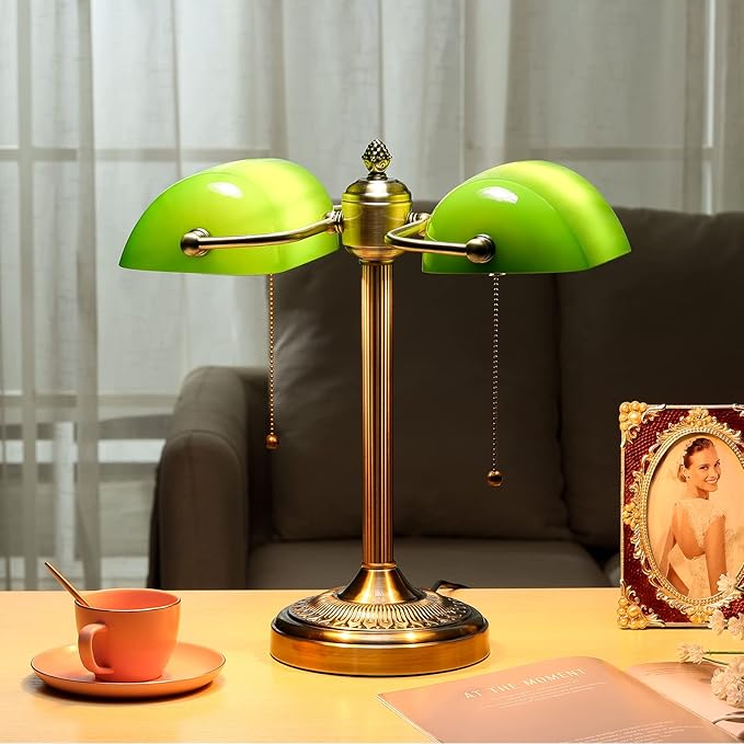 Newrays Green Double Head Glass Bankers Desk Lamp with Pull Chain Switch Plug in Fixture for Library, Office, Cafe