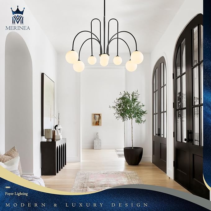 Modern Sputnik Chandelier 8 Lights Large Luxury L41” Mid Century Milk Glass Globe Ceiling Pendant Light Fixture Black Chandeliers for Foyer Staircase Living Dining Room Kitchen