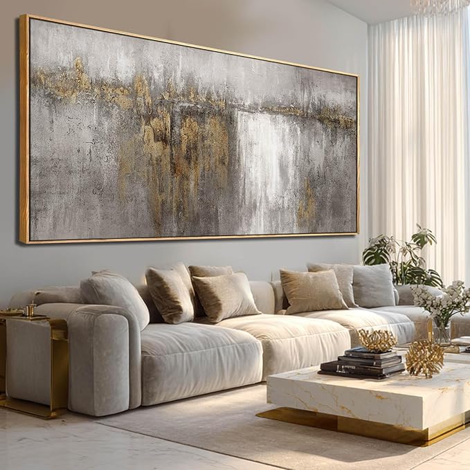 Neutral Canvas Arts Gold Wall Art Decor Framed Abstract Pictures Grey Prints Artwork for Living Room Bedroom Dining Room Home Office Decor 29”x58”