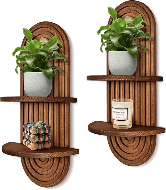 2 Pieces Boho Wall Shelf, Mid Century Shelves, Double Shelves, Decorative Bohemian Rainbow Hanging Shelves for Bathroom, Bedroom, Kitchen, Living Room, Laundry Room (Coffee Color)