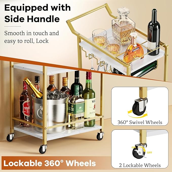 LOTEYIKE 3 Tier Bar Cart, Mini Liquor Utility Cart for Wine Beverage Dinner Party, Rolling Wine Coffee Drink Serving Cart with Lockable Wheels for Home Kitchen Bars (Gold)