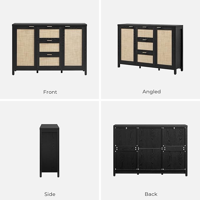 SICOTAS Rattan Large Sideboard Buffet Cabinet with Storage - Farmhouse Boho Coffee Bar Storage Cabinet with 3 Drawers and 2 Doors, Tall Credenza for Living Room, Kitchen, Hallway, Black Oak (2 Pieces)