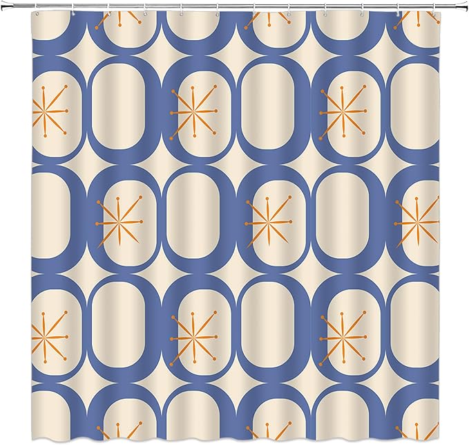 Mid Century Modern Extra Long Shower Curtain Abstract Atomic Geometric Round Squares Retro 50s Blue Fabic with Hooks for Bathroom Decor,70x75 Inch