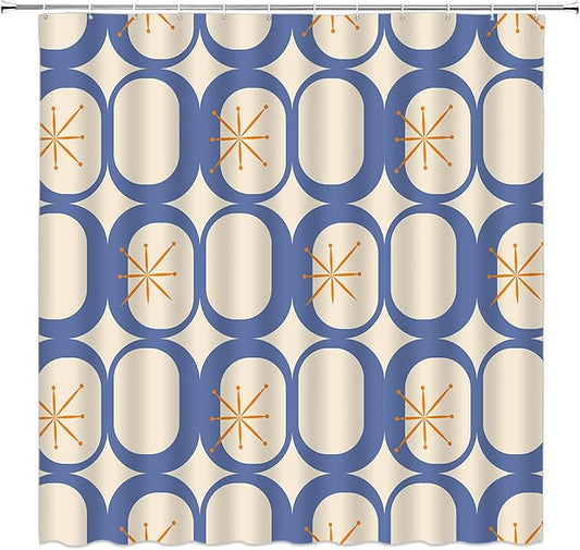 Mid Century Modern Extra Long Shower Curtain Abstract Atomic Geometric Round Squares Retro 50s Blue Fabic with Hooks for Bathroom Decor,70x75 Inch