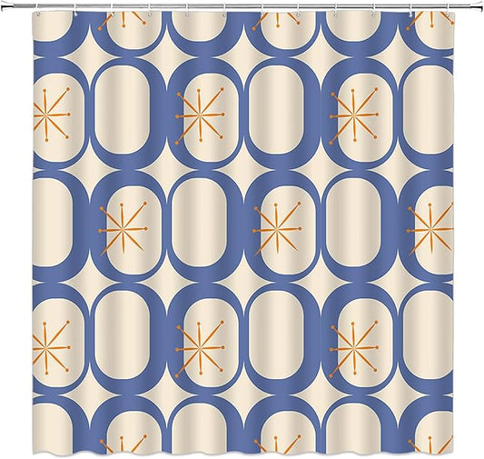 Mid Century Shower Curtain Modern Abstract Atomic Starbursts Squares Retro 50s Geometric Bathroom Decor Polyester Curtains with Hooks