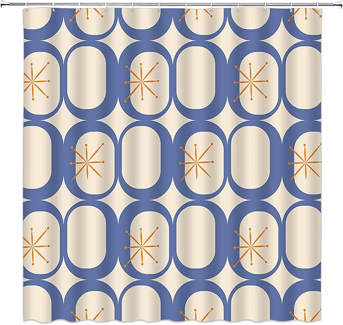 Mid Century Modern Extra Long Shower Curtain Abstract Atomic Geometric Round Squares Retro 50s Blue Fabic with Hooks for Bathroom Decor,70x78 Inch