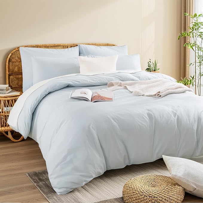NEXHOME PRO Duvet Cover Set King Size Linen Look Textured Organic Natural 100% Washed Cotton Duvet Cover 3 Pieces Bedding Set with Zipper Closure, Breathable, Soft, Light Baby Blue (No Comforter)