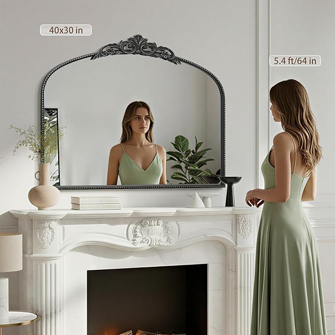 Micasso Large Vintage Black Mirror: 40" x 30" French Baroque Antique Mirror - Traditional Ornate Decorative Arched Mirrors for Wall/Bathroom/Entryway/Fireplace/Hallway - Home Decor for Living Room