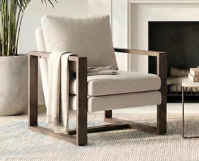 CIMOTA Modern Mid Century Accent Chair Comfy Armchair with 8.5" Thick Cushion & Armrests Upholstered Reading Lounge Chair with Metal Frame for Living Room Bedroom Office, Walnut Finish Beige