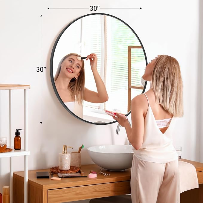 NEWBULIG Round Wall Mirror, 30 Inch Bathroom Mirrors for Over Sink, Wall Vanity Circle Mirror with Matte Metal Framed, Decor for Bathroom, Entryway, Bedroom, Black