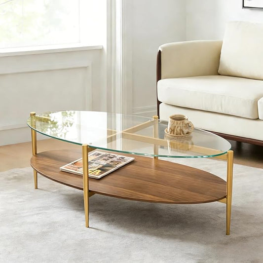 AGV LIGHTING Oval Coffee Table, Mid-Century Modern Coffee Table, Glass Coffee Table, Glod Finish Legs, Thick Tempered Clear Glass Top with Walnut MDF Shelf