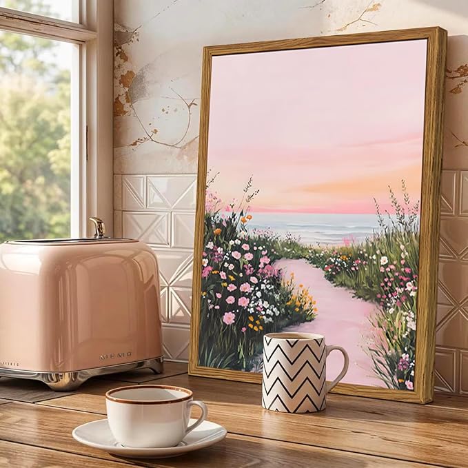 Framed Vintage Landscape Wall Art, Pink Floral Coastal Pictures Wall Decor, Rustic Wildflower Nature Paintings Canvas Prints Home Decor Aesthetic for Living Room Bedroom Bathroom 12x16 inch